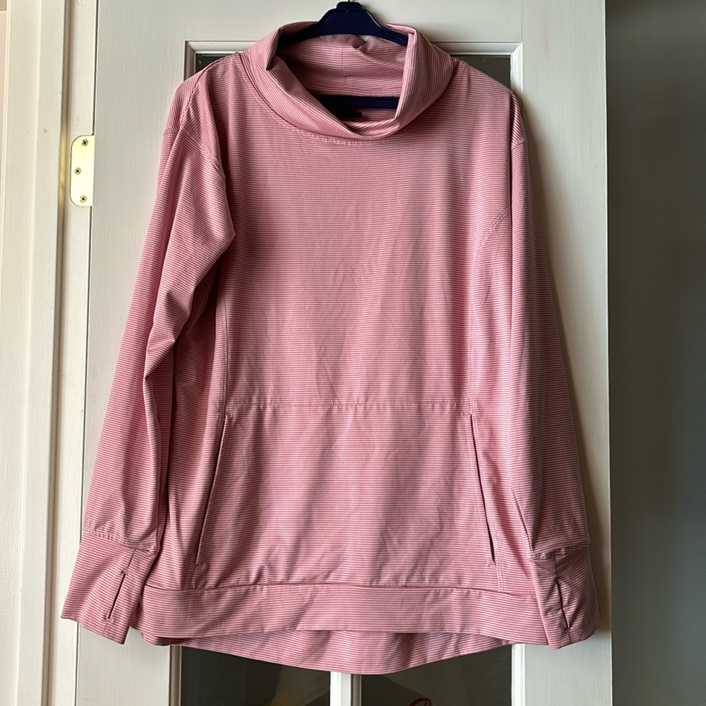 Danskin Athletic Pullover pink white stripes kangaroo pockets funnel neck Sz M